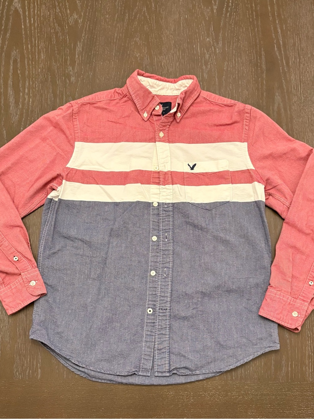 American Eagle Outfitters Pink, White & Blue Colorblock Button-Up Shirt